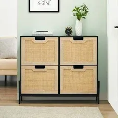 Natural Rattan 4 Flip Door Shoe Cabinet Organizer