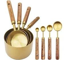 Gold Measuring Cups and Spoons Set, 8 PCS Measuring Cups Wooden Handle, Metal Measuring Spoons