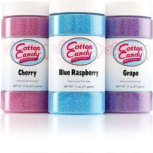 Cotton Candy Express 3 Flavor Cotton Candy Sugar Pack with Cherry, Grape, Blue Raspberry, 11-Ounce Jars