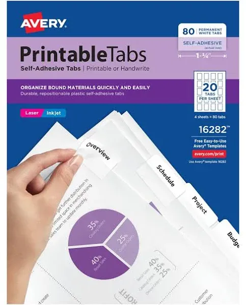 Printable Tabs, Self-adhesive, 80/PK, 1-3/4&#034; , Assorted