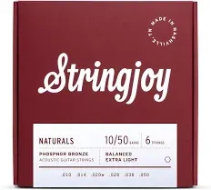 Stringjoy NB1050 Naturals Phosphor Bronze Acoustic Guitar Strings, 10-50 Extra Light Gauge, Guitar Strings Acoustic 6 String Set for Clear Tones, Durable Super Light Acoustic Guitar Strings