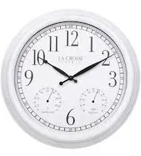 Wall Clock 15&#034;Indoor Outdoor Quartz Antique White Frame Glass Lens Temp Humidity