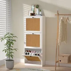 Anmytek 18 Pair White Wood Rattan Shoe Storage Cabinet