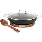 All-Clad HA1 Nonstick Universal Pan with Lid, Acacia Wood Trivet and Spoon · 3 qt - Black