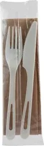 World Centric 100% Compostable Cutlery Sets, Made from TPLA, Assorted Cutlery Individually Wrapped with Fork, Knife, Napkin (Pack of 500) (AS-PS-FKN)