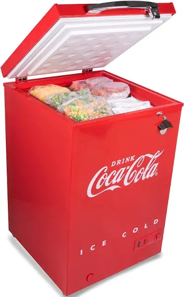 Nostalgia Coca-Cola Chest Freezer and Refrigerator All in One, 3.5 Cu. Ft., Includes Rolling Wheels, Bottle Opener, Lock And Keys, Removable Basket, Adjustable Temperature with Gauge, Red