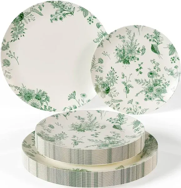 Trendables 80 Piece Plastic Disposable Plates Set For 40 Guests I 40 X 8 Inch Dessert Plates & 40 X 10 Inch Disposable Plastic Plates | Wedding Party Plates | Ivory & Green Verdure Design