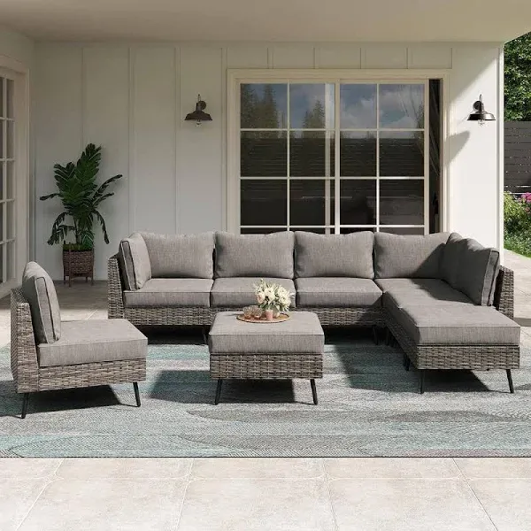 Lausaint Home 8 Pieces Patio Conversation Set, Outdoor Sectional Wicker Sofa PE Rattan Furniture Set with Thick Cushions, Gray