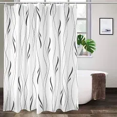 Grey and White Striped Fabric Shower Curtain for Bathroom with 12 Hooks Curta...