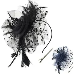 DRESHOW Fascinators Hat Flower Mesh Ribbons Feathers on a Headband and Women a Clip Tea Party Headwear for Girls and