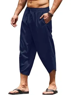 COOFANDY Men's Linen Harem Capri Pants Lightweight Loose 3/4 Shorts Drawstring Elastic Waist Casual Hippie Yoga Trousers