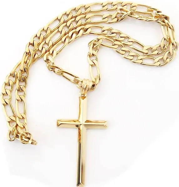 24K Gold Figaro Chain Style Cross Pendant Necklace 5MM Cross Necklace Clasp f...