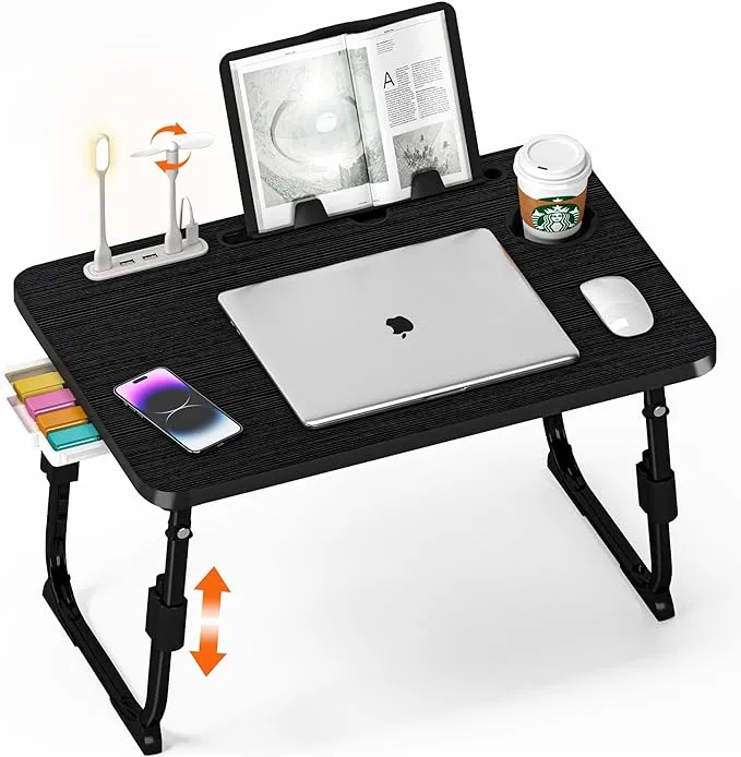 Laptop Desk for Bed Height Adjustable, Lap Bed Table with USB/Storage Drawer/Cup Holder/Tablet Stand/Book Shelf, Foldable Breakfast Tray Portable for Reading Writing, Bed, Sofa & Floor, Black