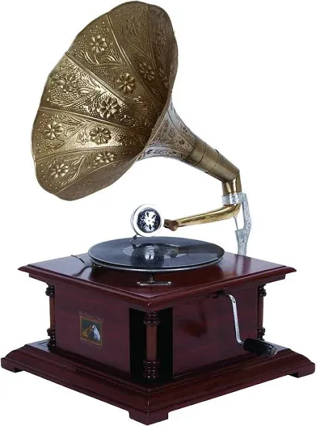 Deco 79 Mango Wood Functional Gramophone with Record, 14" x 14" x 26", Black