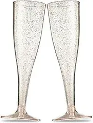 100 Plastic Champagne Flutes - Disposable Champagne Flute - Gold Glitter Plastic Champagne Glasses for Parties, Mimosa Bar, Events, Wedding and Shower Party Supplies - Toasting Cocktail Cups