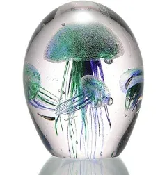 SPI Home Art Glass Green and Blue Jellyfish Quartet Paperweight 6.5 Inches High