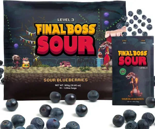 Final Boss Extremely Super Sour Candy, Natural Chewy Blueberry Gummies Made with Dried Fruit, Free of Artificial Colors, Low Calorie Healthy Snack for Kids & Adults, 1.06oz, 12 Pack (LvL 1 Sourness)