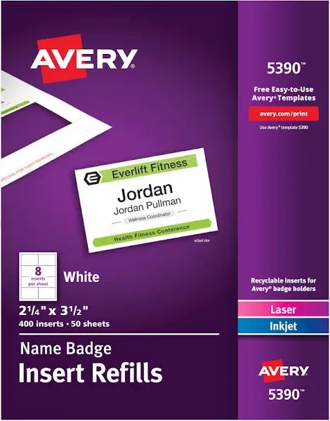 Avery Name Badge Insert Refills Horizontal/Vertical 2 1/4 x 3 1/2 White 400/Box