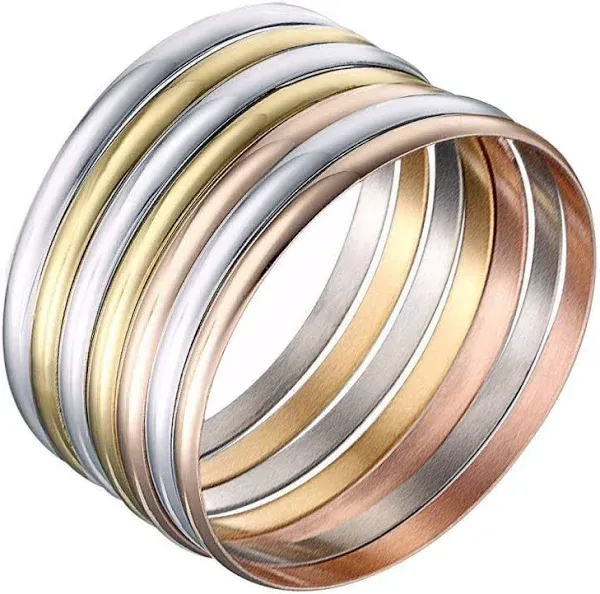 Castillna Tri-Color Silver Gold Rose Gold Bangle Bracelets for Women, Set of 7 Pieces