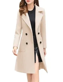 Bankeng Women Winter Wool Blend Mid-Long Coat Double-Breasted Lapel Jacket XS