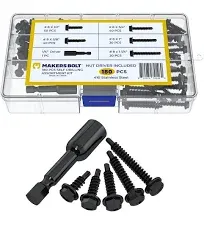 Self Tapping Screws for Metal, Assortment Pack with Driver (180 pcs) Black Oxide 410 Stainless Steel, #8 Diameter, 1/2" to 1-1/4" Length