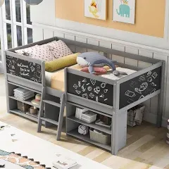 Low Loft Bed with 2 Movable Storage Shelves, Twin Bed Frame with Chalkboard and Ladder, Functional Loft Bed for Kids Boys Girls - Grey