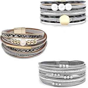 Wowanoo 3Pack Leather Cuff Bracelet Set Multilayer Wrap Bracelet Crystal Feather Tree Bracelet Magnetic Clasp Bracelet for Women