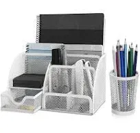 Flexzion Desk Top Caddy Organizer - Black Office Desk Accessories Organizer and Storage - Metal Mesh Desk with 6 Compartments, Drawer and Pen Holder