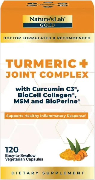 Nature's Lab Gold Turmeric Joint Complex - BioCell Collagen, Hyaluronic Acid, C3 Curcumin, MSM - 120 Capsules