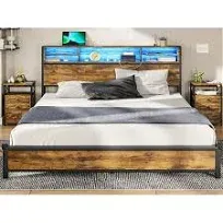 King Size Bed Frame with LED Lights Headboard, Modern Metal Platform Bed Frame