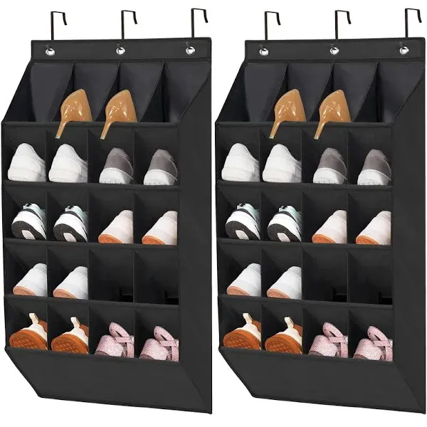 STORAGE MANIAC Over the Door Shoe Organizer, 2 Pack Hanging Shoe Organizer, 20 Large Pockets Shoe Storage Rack Organizer for Closet and Dorm Narrow Door Shoe Storage, Black