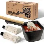 Shop Square Cast Iron Basting Pot and BBQ Mop Brush BBQ Basting Set with Saucepan and Brush for Meat Smoker, Grill and Stove