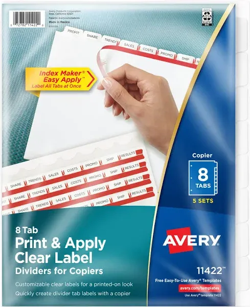 Avery Index Maker Print & Apply Label Paper Dividers for Copiers, 8 Tabs, White, 5 Sets/Pack (11422)