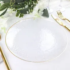 Balsacircle 10 Clear Round Hammered Disposable Salad Dinner Plastic Plates Gold Trim Party Tableware Decorations