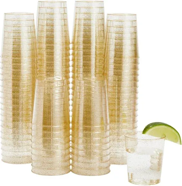 100 Pack 2 oz Gold Glitter Shot Glasses, Disposable Plastic Cups for Birthday Party, Wedding