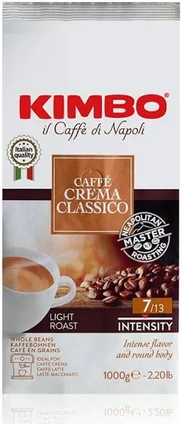 Kimbo Caffe Crema Classico Whole Bean Coffee - Blended and Roasted in Italy - Light Roast with Intense Flavor and Round Body - 2.2 lbs Bag