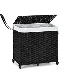 3-Section Laundry Hamper Storage Organizer Bathroom Rolling Clothes Basket W/Lid