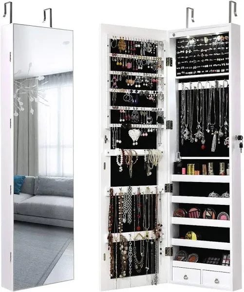 Wall &amp; Door Mount Jewelry Storage Organizer Cabinet Full length Mirror W/ Lights