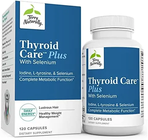 Terry Naturally Thyroid Care Plus - Supplement to Aid Thyroid - Dietary Supplement for Energy & Healthy Hair Support - Supplement with L-Tyrosine & Selenium - 120 Capsules