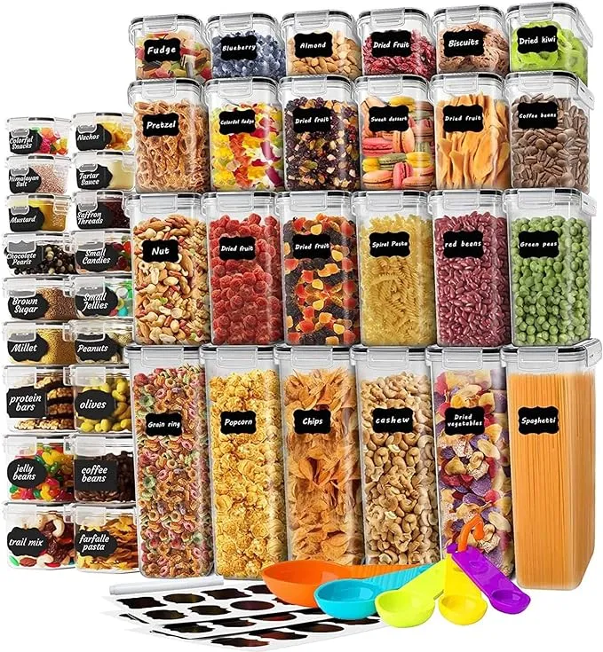 stusgo 42 Pack Airtight Food Storage Containers with Lids, Plastic Kitchen and Organization Canisters for Cereal, Flour and Sugar, Includes Spoons, Labels and a Pen