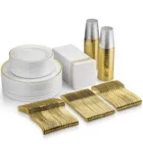 Munfix 350 Piece Gold Dinnerware Set - 100 Gold Rim Plastic Plates - 50 Gold Plastic Silverware - 50 Gold Plastic Cups - 50 Linen Like Gold Paper Napkins, 50