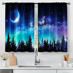 Aimego Forest Country Kitchen Curtains - Moon Rustic Modern Aesthetic Art Short Cafe Tier Curtains Decor for Living Room Starry Galaxy Rod Pocket Window Drapes 45 Inch Length 2 Panels Set 28"x45"