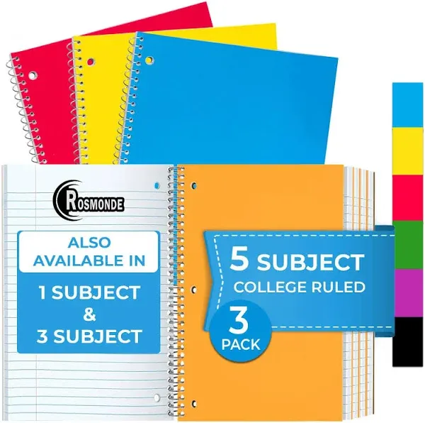  Notebook Wide Ruled, 300 Pages (150 Sheets), 8 x 10-1/2&#034; 3 Pack 5 Subject