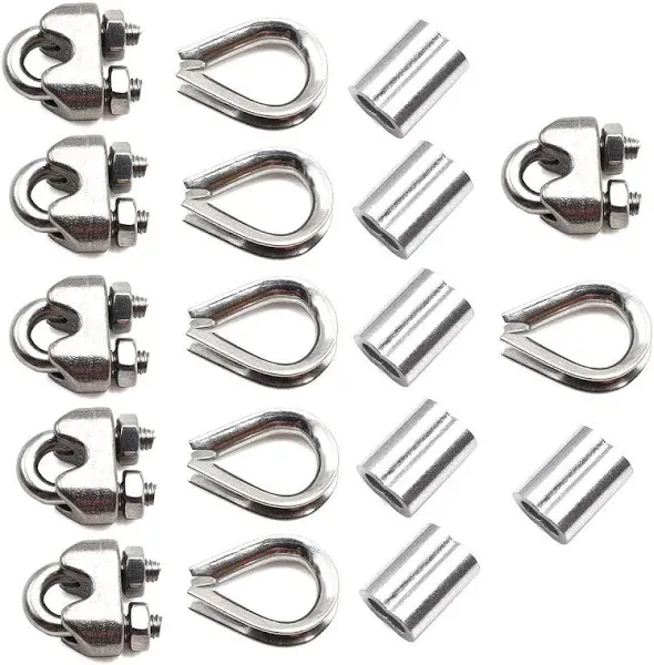 304 Stainless Steel Wire Rope Accessory Set M6 Cable Clamp Silver Thimble and Aluminum Crimping Loop for 1/4 Inch Wire Rope Cable Thimbles Rigging