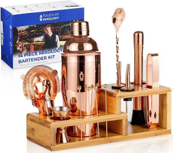 Touch of Mixology Premium 14 Piece Stainless Steel Bartender Kit with Bamboo Stand (Rose Gold)