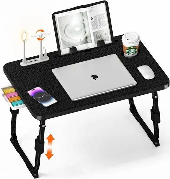 Bed Desk Height Adjustable, Bed Laptop Table with USB/Storage Drawer/Cup Holder/Tablet Stand/Book Shelf, Foldable Breakfast Tray Portable for Reading Writing, Bed, Sofa & Floor, Wood, Pink