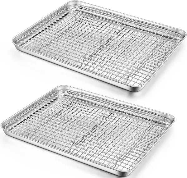 Baking Sheet Pan with Rack Set(2 Pans & 2 Racks), Joyfair 16 Inch Stainless Steel Cookie Sheets with Cooling Racks, Non-toxic & Commercial Grade, Extra Thick & Rolled Rim, Rust-free & Dishwasher Safe