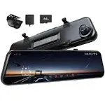 P12 Pro Max 4K+2.5K Rear View Mirror Camera, 12'' Mirror Dash Cam with 2.5K Rear Camera,5G Wi-Fi WDR Front and Rear Dash Camera for Cars and Trucks, Night Vision, Voice Control, 64GB Card&GPS