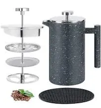 French Press Coffee Maker 34oz with Double-Insulated Stainless Steel Large Metal Coffee Press with 3 Layer Filtration System for Ultimate Coffee Tea Brewing in Travel Camping or Home