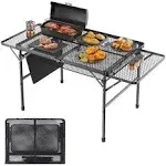 Folding Table with 2 Wing Panels, 3x2 FT Camping Table with Mesh Desktop,Height Adjustable Folding Grill Table with Mesh Bag,Portable Outdoor Table for Picnic,Camping,BBQ,Beach(Sliver)